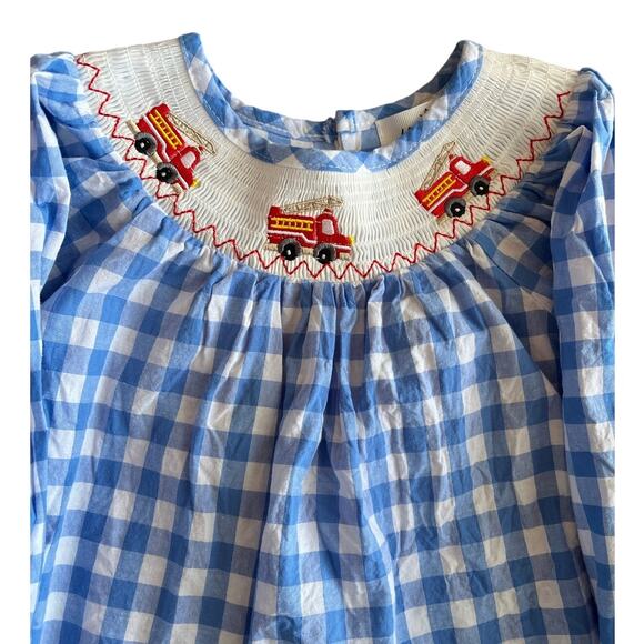 MARIE NICOLE | Smocked Fire Truck Embroidered Blue & White Gingham Dress Size 2T - Picture 1 of 8